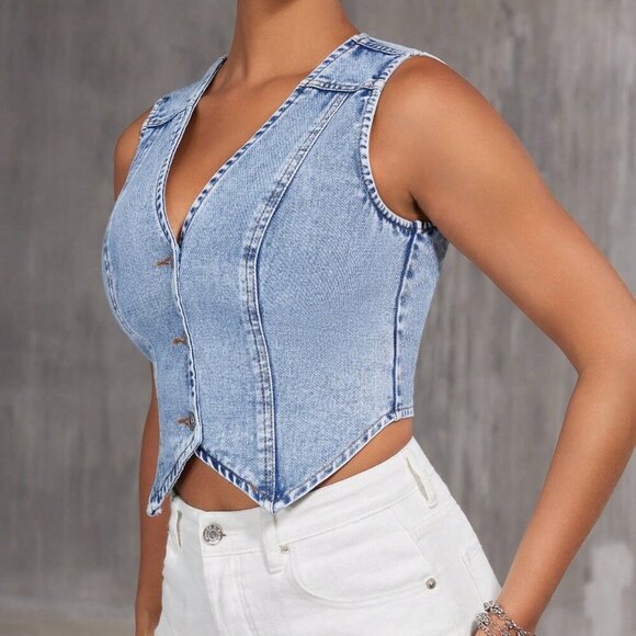 Blue Casual Women's Denim Vest Top - Picture 5 of 6
